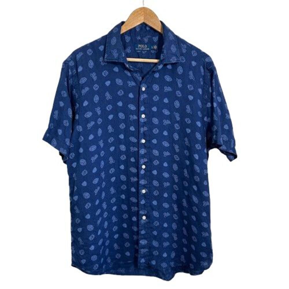 Polo Ralph Lauren Shirt All Over Rugby Football Print Men's L Linen Button Down